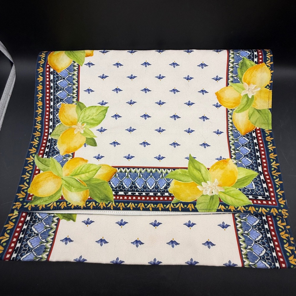 Williams Sonoma Table Runner Lemon Fruit Print Blue White 16x108 Cotton Italy